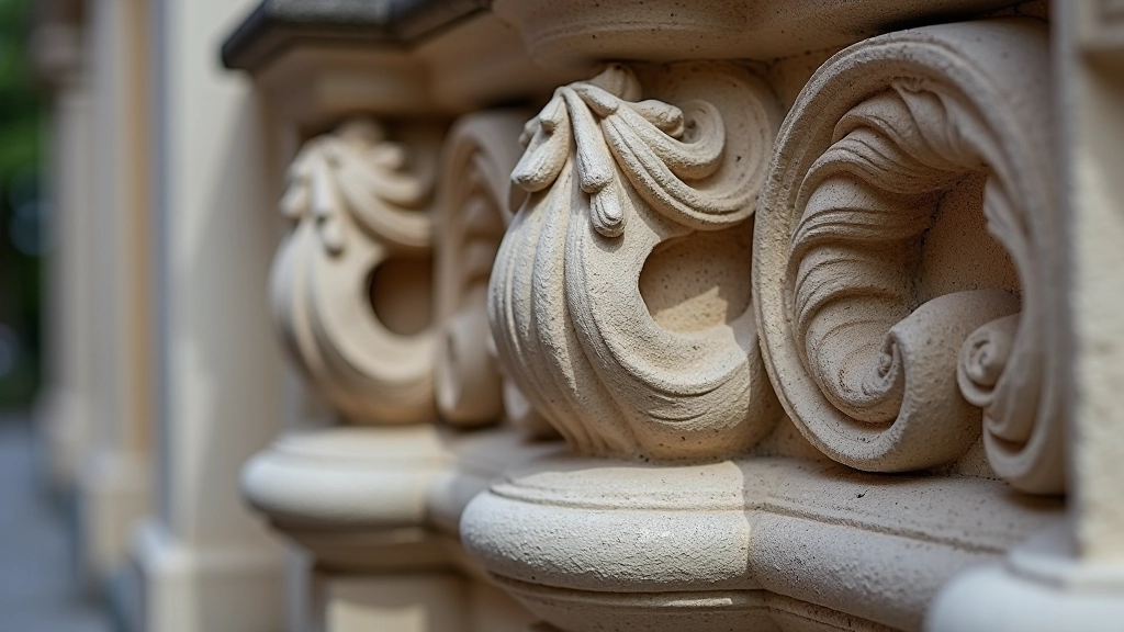 tutnemes ornamentų detalės - volutu ir palmečių lapai ant bažnyčios sienoje