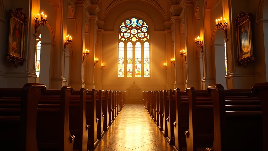 Maldininkai bažnyčioje tiesia šviesa per stained glass langą