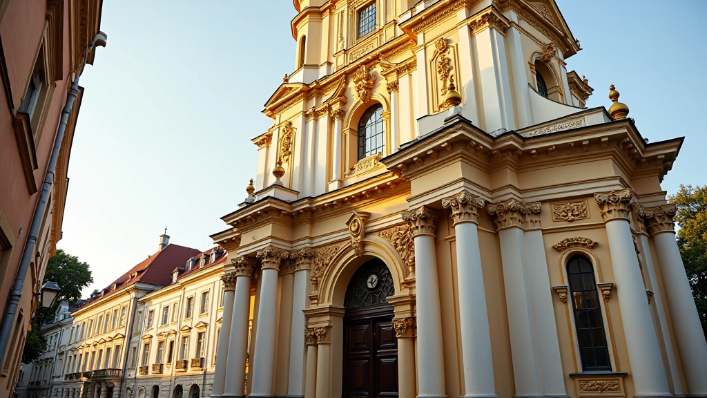 Vilniaus tutnemes bažnyčios fasadas su detaliais ornamentais ir auksine spalva