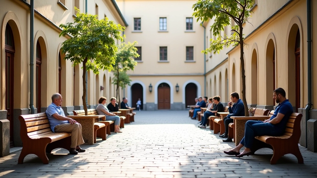 Vilniaus bažnyčios vidaus skvernas su žmonėmis besėdinčiais ant suolelių, ramūs vaizdai